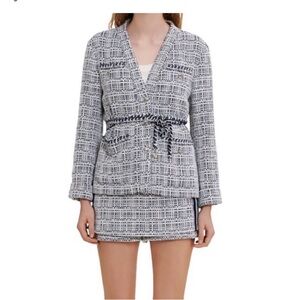 Maje Vetrole Blue and White Tweed Belted Jacket 36